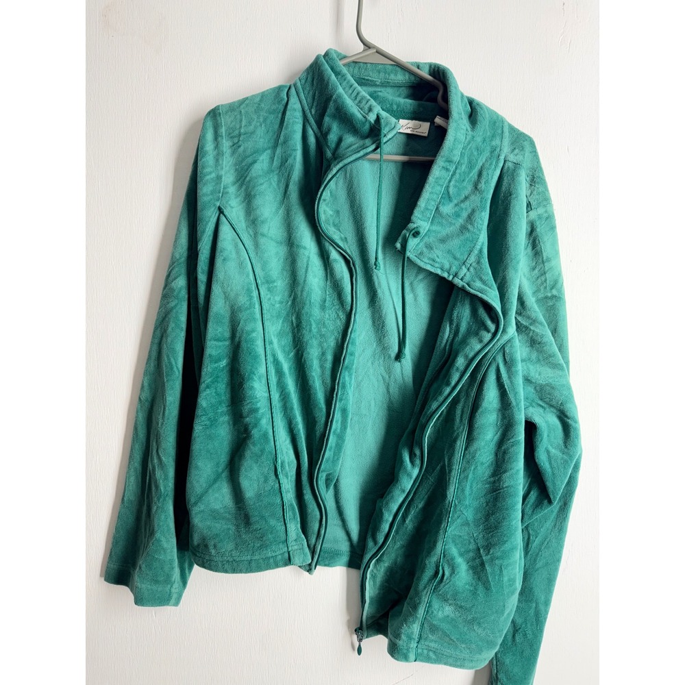 Kim Rogers Womens XL Teal Green Velour Zip Up Jacket Mock Neck Sweatshirt Soft